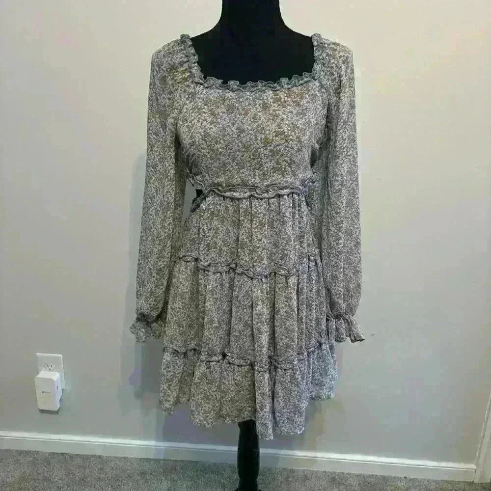 Ditsy Floral Long Sleeve Cut Outs Blue Orange Dress Ruffles Size Small - Picture 2 of 11